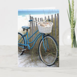 Tarjeta Bicicleta retro azul de cumpleaños con conchas mar