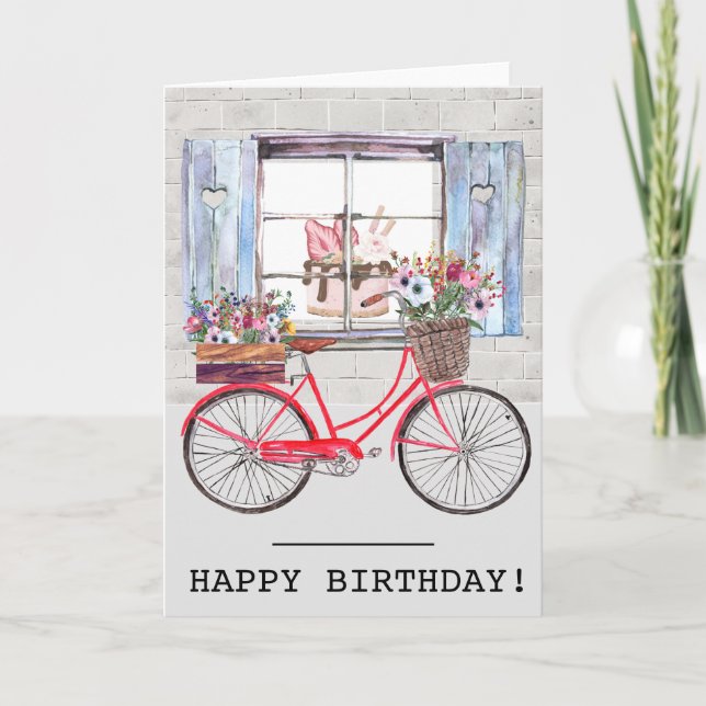 Tarjeta Bicicleta roja con canasta de flores Cumpleaños de (Anverso)
