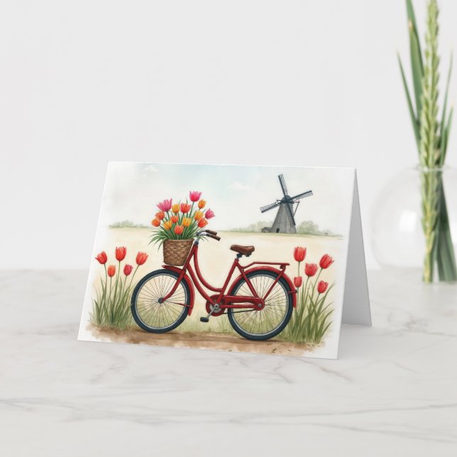 Tarjeta Bicicleta Roja De Cumpleaños Con Tulipanes Holande (Anverso)