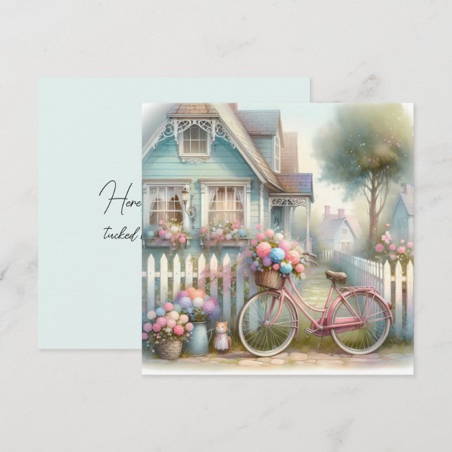 Tarjeta Bicicleta rosa con flores en la puerta azul de la  (Anverso / Reverso)