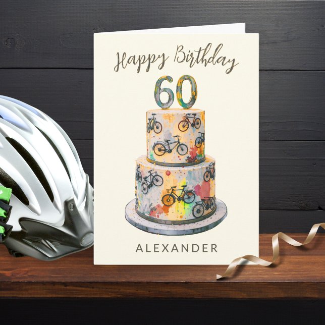 Tarjeta Bicicletas para pastel de cumpleaños 60 personaliz (A 60th birthday card, featuring a colorful cake decorated with bicycles)