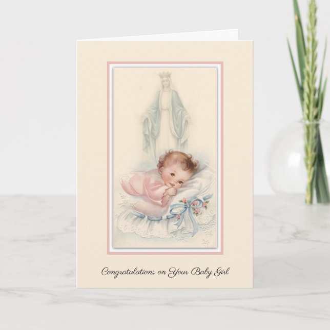 Tarjeta Bienvenida a la bebé virgen Virgin Mary Católica (Anverso)