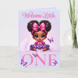 Tarjeta Bienvenida a la Mariposa Pastel de Niña Afro