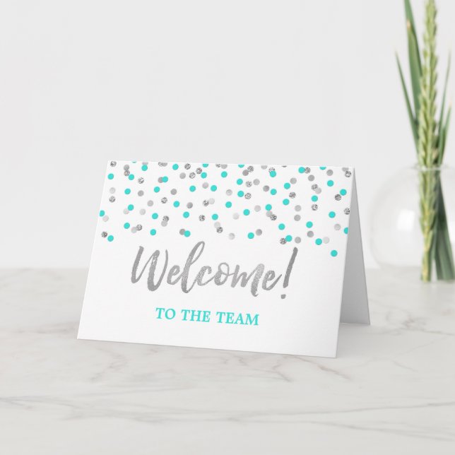 Tarjeta Bienvenida al equipo a un empleado verde azulado d (Anverso)