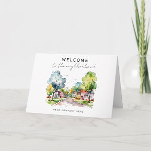 Tarjeta Bienvenida calle suburbana acuarela vecindario