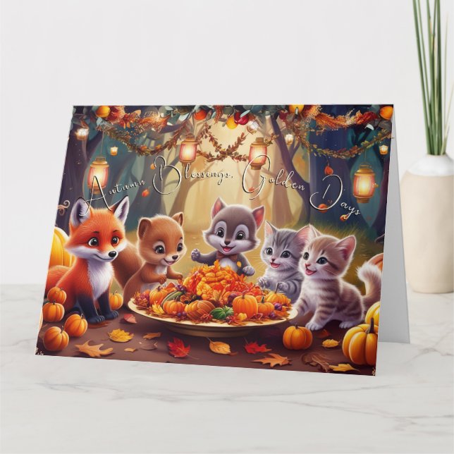 Tarjeta Bienvenida de otoño Días de Oro Calabaza Animales  (Anverso)