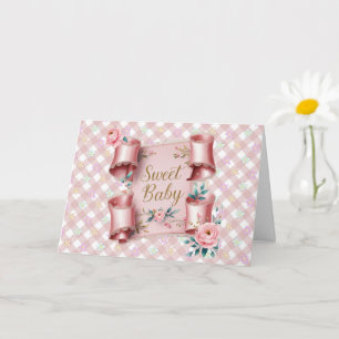 Tarjeta Bienvenida dulce bebé niña pergamino rosas rosadas