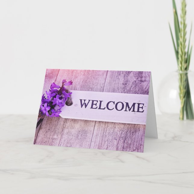 Tarjeta Bienvenida floral Hyacinin Purple Wood Rótulo Spri (Anverso)