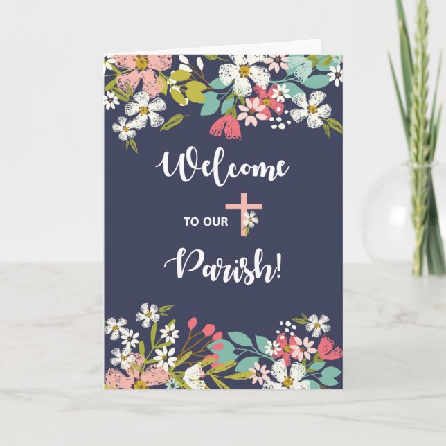 Tarjeta Bienvenido a Nuestras Flores Parroquiales sobre Az (Anverso)