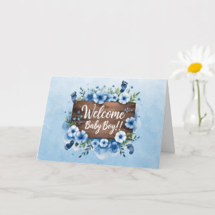 Tarjeta Bienvenido bebé niño señal de madera y flores