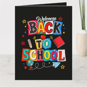 Tarjeta Bienvenido de vuelta al colegio profesor feliz pri