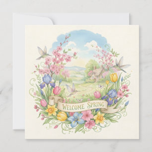 Tarjeta Bienvenido Flores de Acuarela de Primavera y Colib