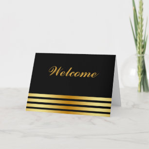 Tarjeta Bienvenido minimalista negro con rayas doradas
