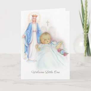 Tarjeta Bienvenido nuevo bebé niño o niña religioso católi