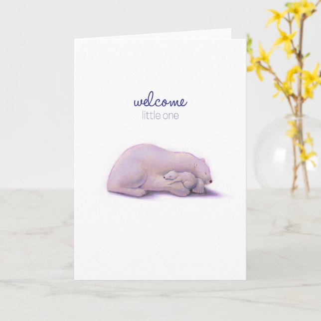 Tarjeta Bienvenido pequeño oso polar (flor amarilla)