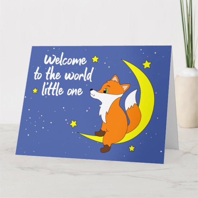 Tarjeta Bienvenidos al mundo - Pequeño zorro en la luna (Anverso)