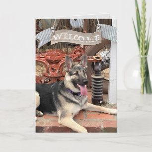 Tarjeta Bienvenidos al perro afortunado jubilado