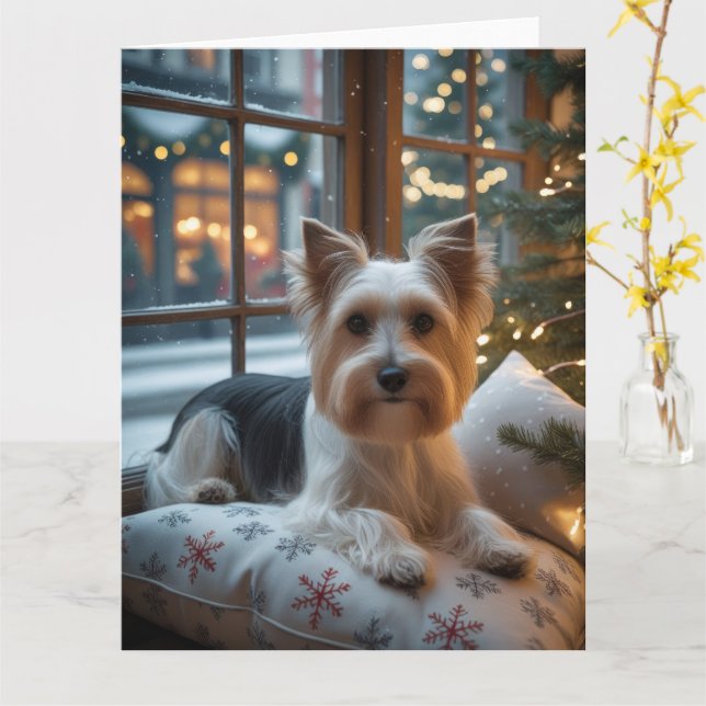 Tarjeta Biewer Terrier Con Navidades Luces Vacacionales (flor amarilla)