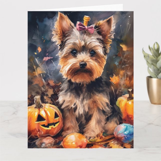 Tarjeta Biewer Terrier de Halloween con calabazas Espantos (Planta pequeña)