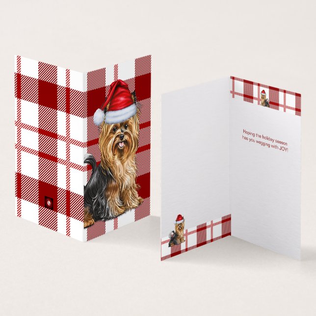 Tarjeta Biewer Terrier Dog Holiday Red Plaid Navidades (Interior y exterior)