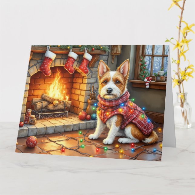 Tarjeta Biewer Terrier Fireplace with Christmas Lights (flor amarilla)