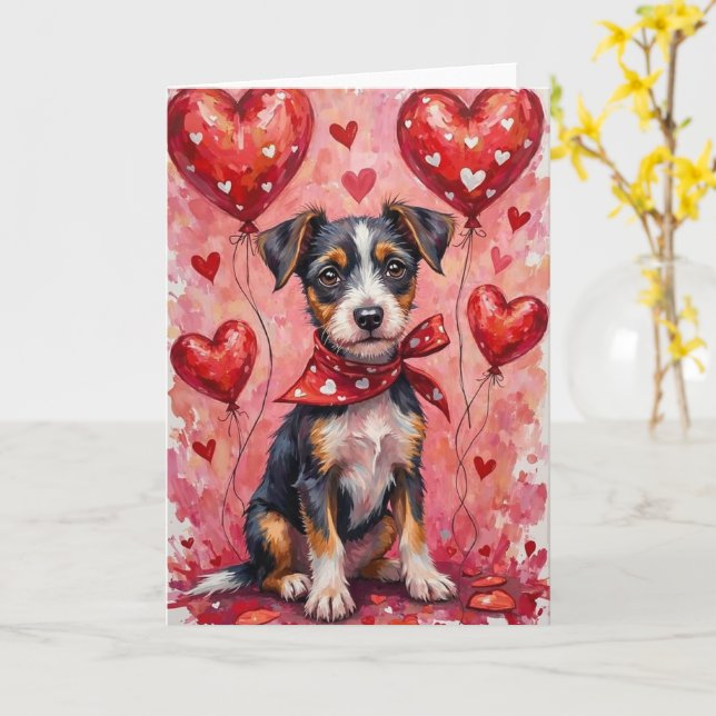 Tarjeta Biewer Terrier Valentine’s Day Dog with Hearts Red (flor amarilla)