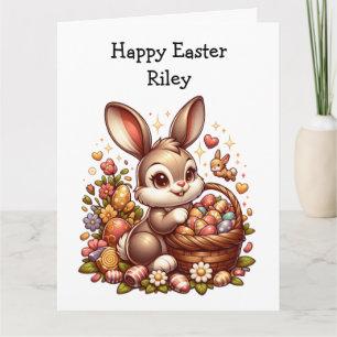Tarjeta Big Cute Vintage Easter Bunny, cesta y huevos