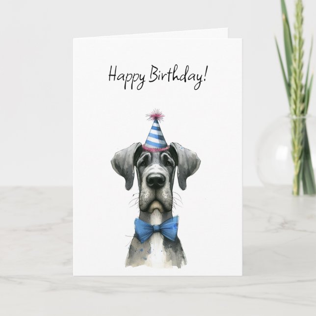 Tarjeta Big Dog in a Tiny Birthday Party Hat and Bowtie (Anverso)