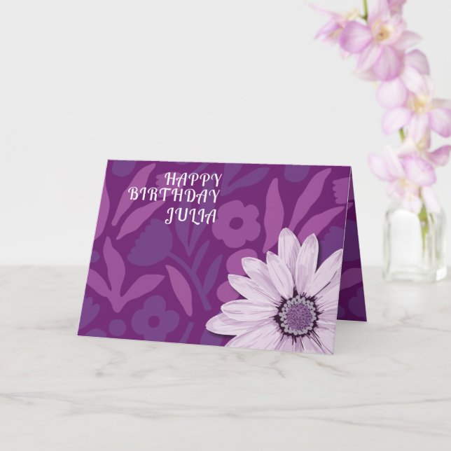 Tarjeta Big Pink Daisy Purple Happy Birday Custom Name (Orquídea)