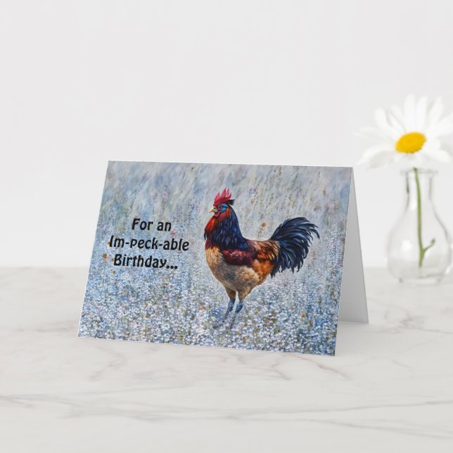Tarjeta Big Rooster Farm Flowers Pun Funny Birday Card (Planta pequeña)