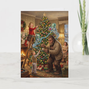 Tarjeta Bigfoot Alien Decorando Árbol Navidad Vintage