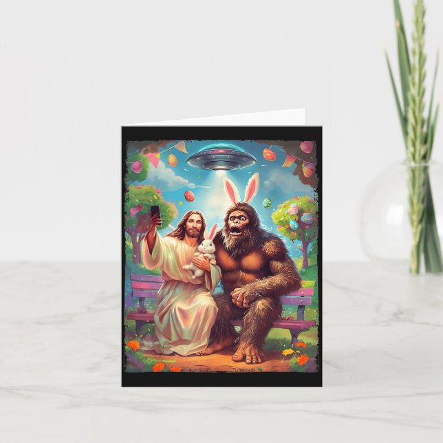 Tarjeta Bigfoot bunny funny easter jesus sasquatch selfie  (Anverso)