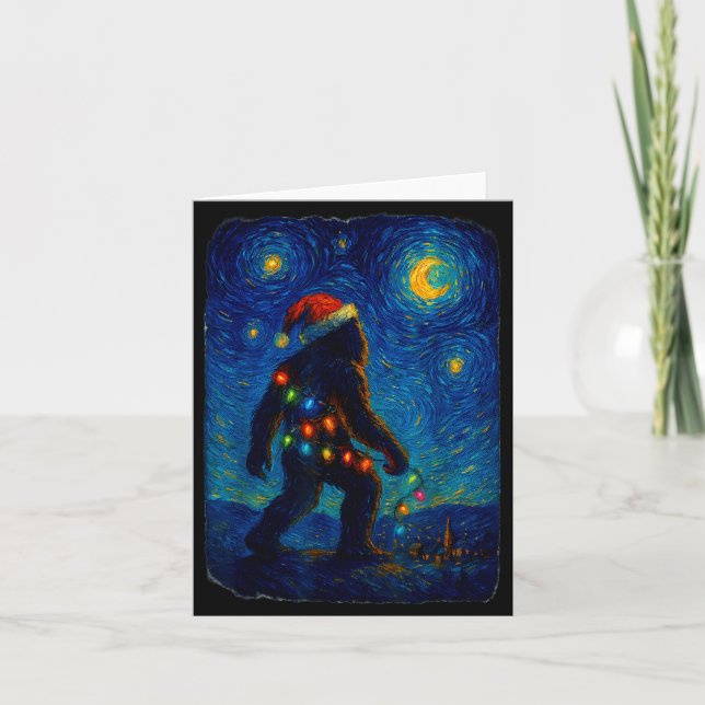 Tarjeta Bigfoot Christmas Sasquatch Santa Hat Starry Night (Anverso)
