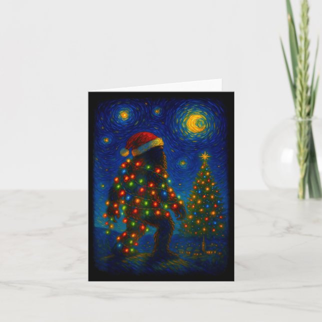 Tarjeta Bigfoot Christmas Sasquatch Santa Hat Starry Night (Anverso)