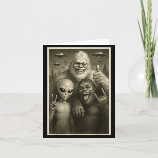 Tarjeta Bigfoot Divertido, Alien, &amp; Yeti Sasquatch Roc (Anverso)