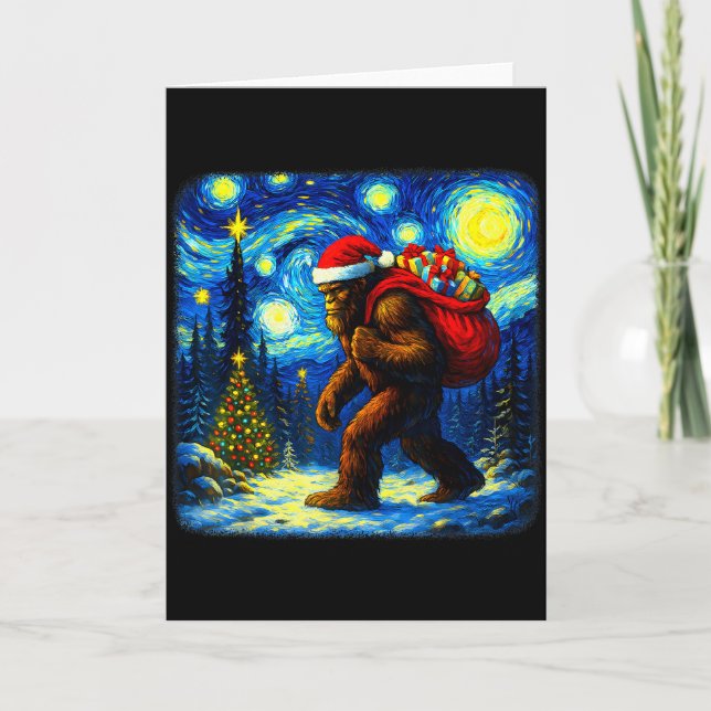 Tarjeta Bigfoot Santa Christmas Starry Night Sasquatch Van (Anverso)