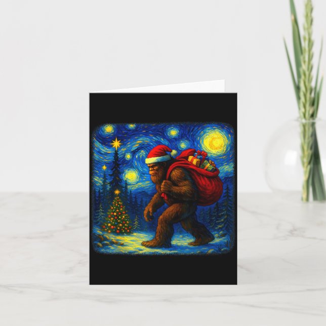Tarjeta Bigfoot Santa Christmas Starry Night Sasquatch Van (Anverso)