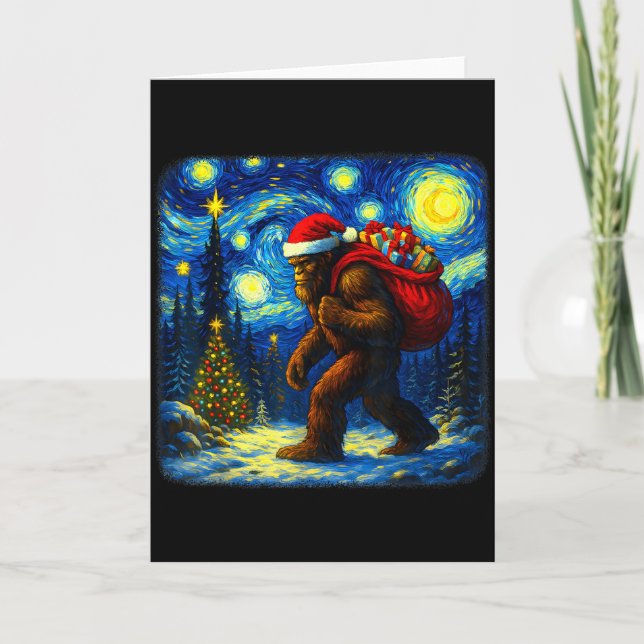 Tarjeta Bigfoot Santa Christmas Starry Night Sasquatch Van (Anverso)