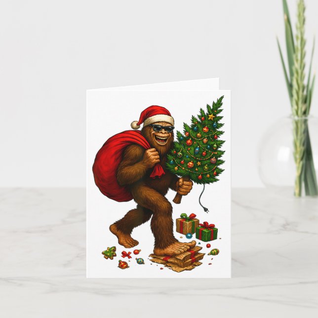 Tarjeta Bigfoot Santa Christmas Tree Lights Xmas Boys Men  (Anverso)