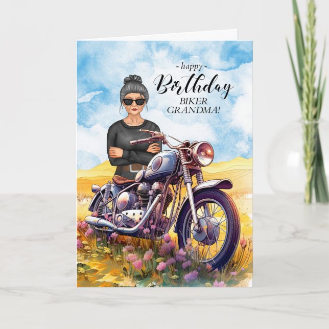 Tarjeta Biker Grandma Motorcycle Wildflower Cumpleaños (Anverso)