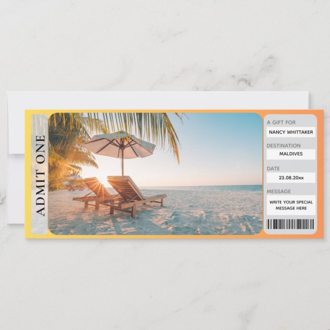 Tarjeta Billete Imprimible Tropical Beach Surprise Revelar (Anverso)