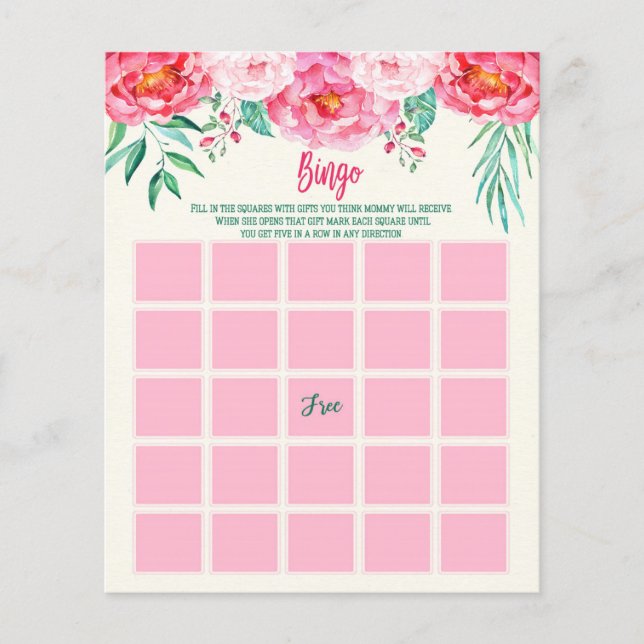Tarjeta BINGO de bebé floral, juegos de Baby Showe (Anverso)