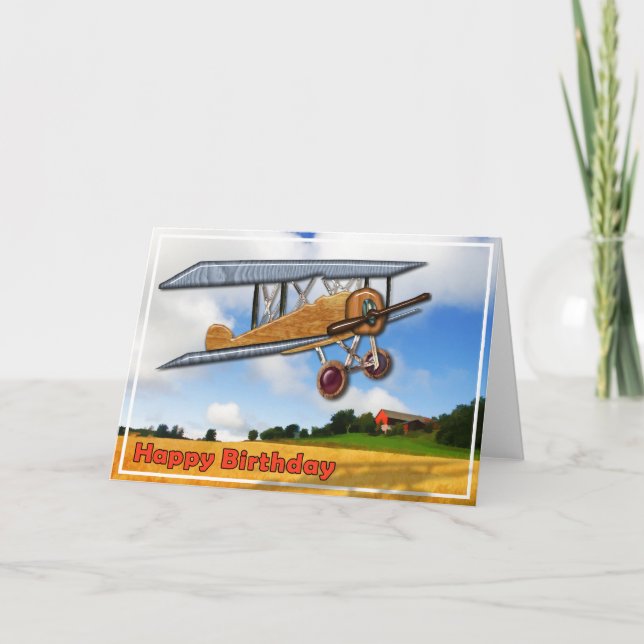 Tarjeta Biplano de madera sobre feliz cumpleaños de los (Anverso)