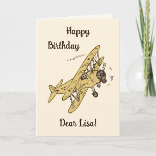 Tarjeta Biplanos Art Deco - Cumpleaños feliz amarillo + no
