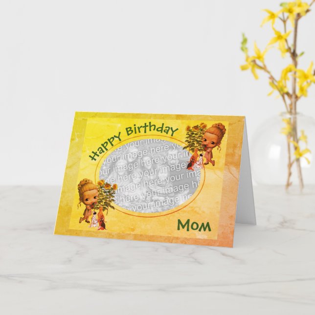 Tarjeta Birday Mom Puppies Personaliza Photo Card (flor amarilla)