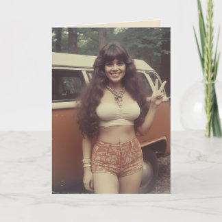 TARJETA BIRTHDAY 1970'S CURVY HIPPIE GIRL GREETING CARD