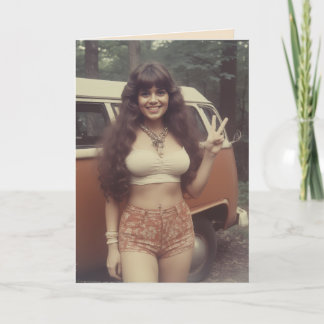 TARJETA BIRTHDAY 1970'S CURVY HIPPIE GIRL GREETING CARD