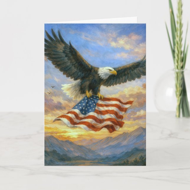Tarjeta Birthday Bald Eagle With American Flag (Anverso)