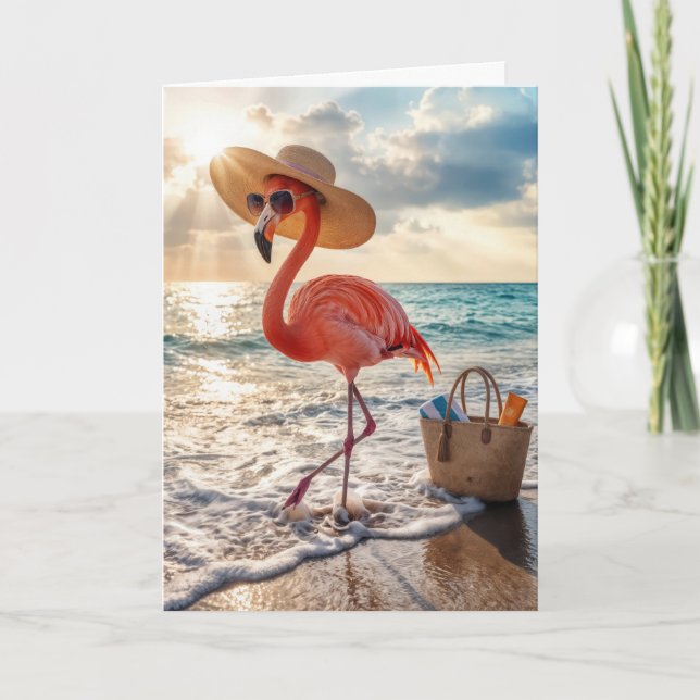 Tarjeta Birthday Beach Flamingo with Sunglasses (Anverso)