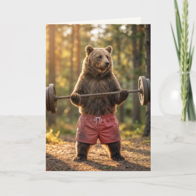 Tarjeta Birthday Bear Lifting Weights In a Sunny Forest (Anverso)